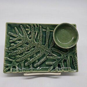 Hoening Maui Ceramic Fish Motif Sushi Platter & Soy Sauce Bowl Embossed Leaves